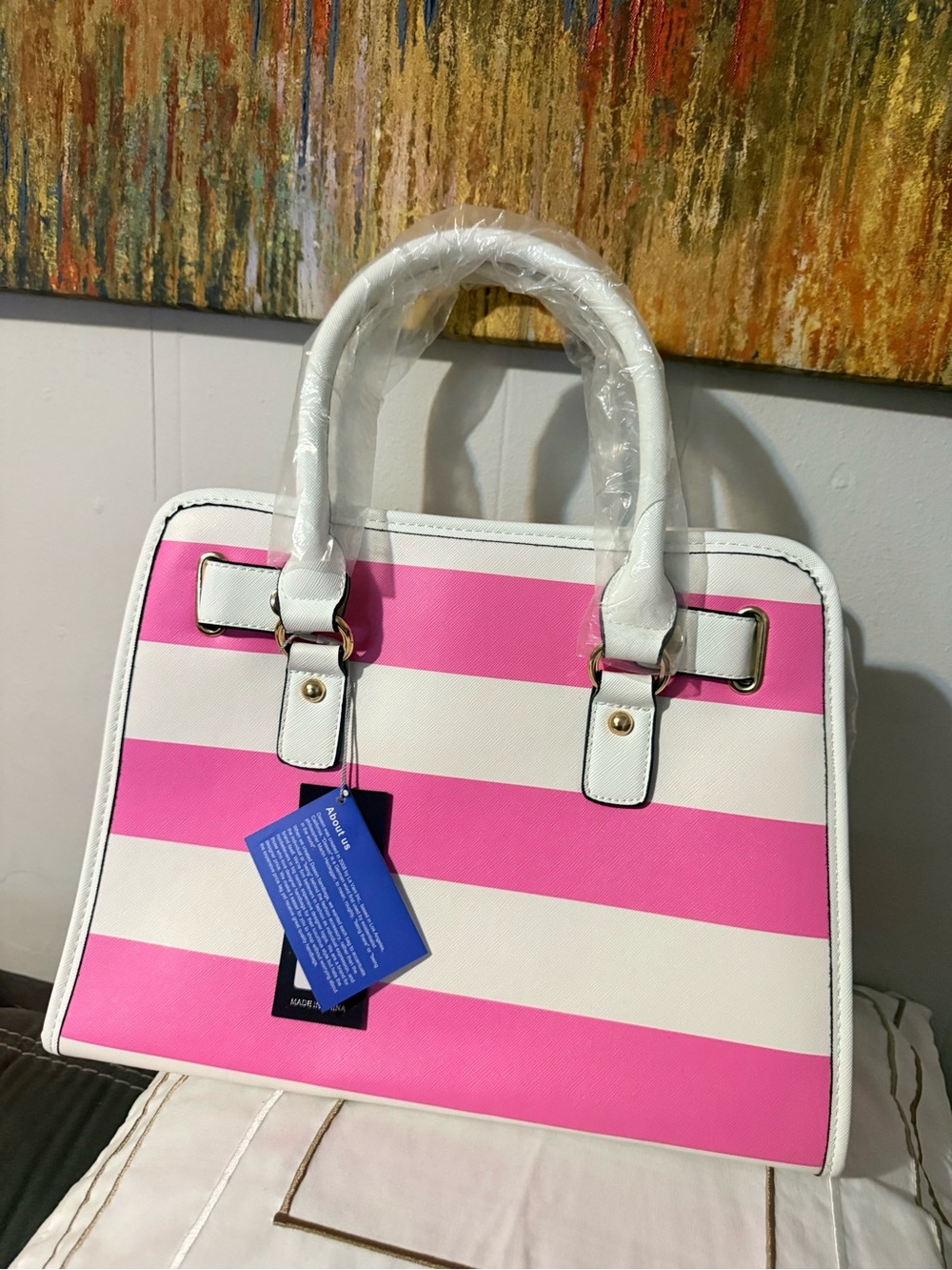Pink & White Striped Satchel with Pink Wallet by - Picture 11 of 12